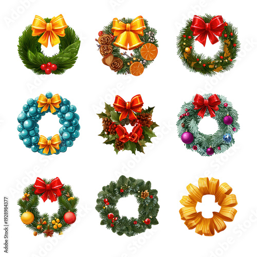 Festive Wreaths with Bow and Ornaments on Transparent Background