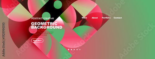 Abstract website design features vibrant geometric shapes, gradients. Navigation includes work, about, portfolio, contact options. Modern aesthetic.