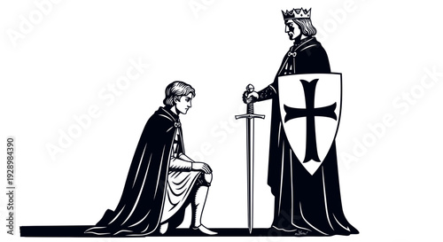 Medieval Ceremony A Knight Kneels Before a King, Receiving His Sword and Shield Emblem