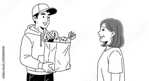 Friendly delivery person handing a grocery bag full of fresh produce to a happy customer