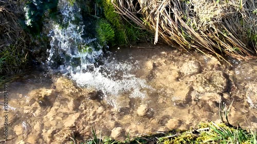 A detailed view of fresh water pouring into a stream, creating bubbles and ripples over a stony bottom.