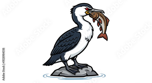 Cartoon illustration of a bird standing on a rock with a fish in its beak, depicting a moment of successful hunting