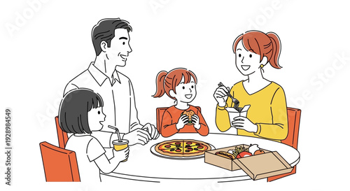 A happy family enjoys a pizza dinner together at a round table, with two children and two adults smiling and eating