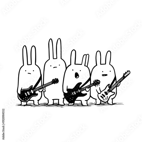Four cartoon bunnies playing electric guitars in a line black and white illustration with various expressions