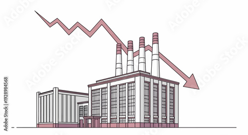 Industrial Decline Factory with downward trending graph representing economic recession or business failure
