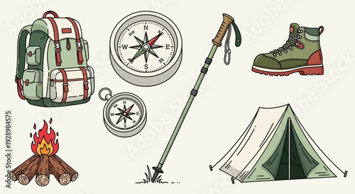 Collection of essential camping and hiking gear, including a backpack, compass, hiking stick, tent, campfire, and boots for outdoor adventures