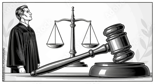 Justice Scales and Gavel illustration representing law and legal proceedings with a judge in the background