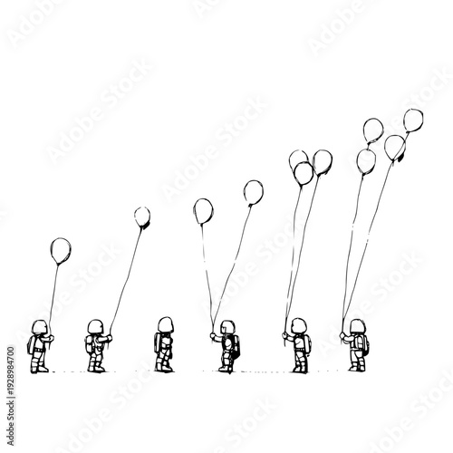 Astronauts holding balloons in a line black and white illustration space exploration concept