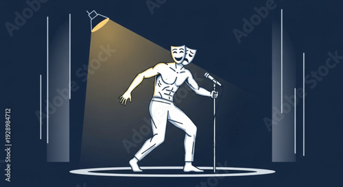 Theatrical performer wearing comedy and tragedy masks sings on stage under spotlight