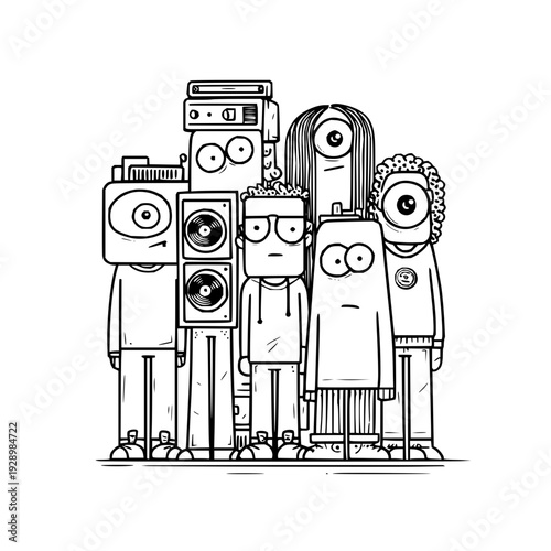 A group of cartoon characters standing together with speakers and a boombox looking sad or bored