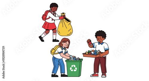 Children actively participate in a community clean-up and recycling program, demonstrating environmental responsibility and sustainable waste management practices for a greener future