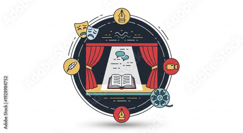 Theater stage with open book and curtains surrounded by creative symbols and icons representing arts and education