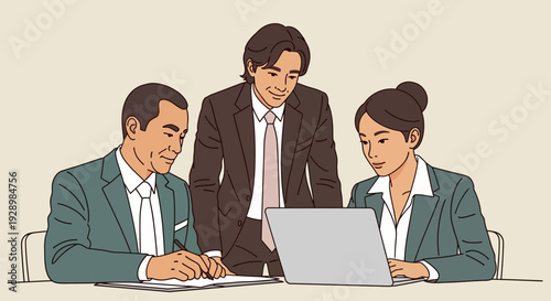 Professional business team collaborating on a project during a productive meeting, discussing strategies and analyzing data together for successful outcomes