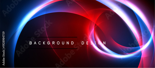 Abstract design features vibrant curves, flowing lines. Red, blue, pink hues create dynamic visual effect. Text reads background design.