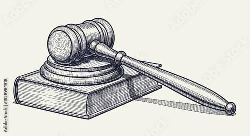 Symbolic Engraving of a Judge's Gavel and Law Book Representing Justice, Legal Authority, and the Judicial System