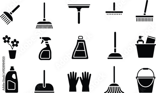 Cleaning Supplies and Tools Icons on White Background broom