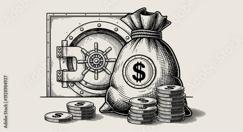Intricate Hand-Drawn Engraving of a Secure Bank Vault, Money Bag, and Stacked Coins, Symbolizing Financial Security, Wealth Management, and Economic Stability in a Vintage Style