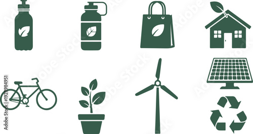 Collection of ecofriendly icons representing sustainable living and green energy practices in modern lifestyle