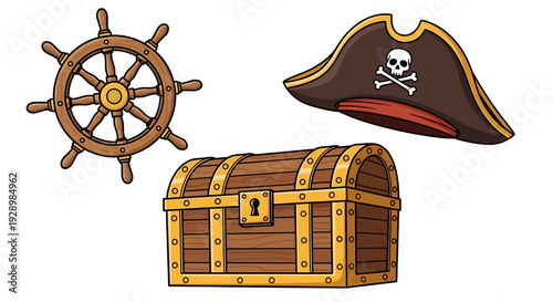 Essential pirate iconography with a detailed ship helm, a distinctive tricorn hat, and a sturdy treasure trunk, evoking high seas adventures and hidden riches for game design or themed media