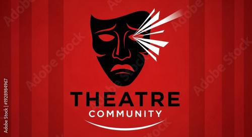 Theatre community logo with dramatic mask and red curtain background