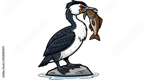 Cartoon illustration of a cormorant bird with a fish in its beak, standing on a rock, representing successful hunting in aquatic nature