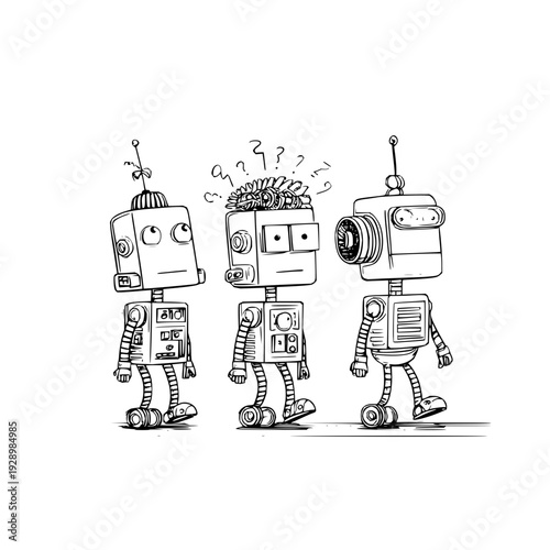Three robots with different expressions walking in a line thinking and questioning with a puzzled and curious mood