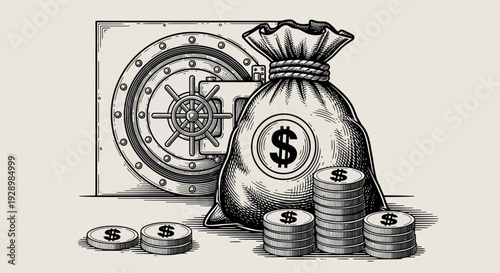 Vintage illustration of financial security Bank vault, money bag, and stacked coins symbolize wealth protection, successful savings, and wise investment strategies