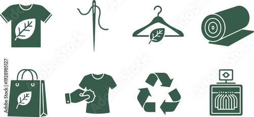 Collection of ecofriendly icons representing sustainable fashion and recycling practices with natural leaf elements