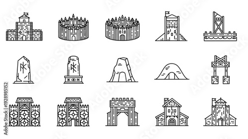 Ancient architectural landmarks illustrations showcased in a grid layout on white background viewed from front