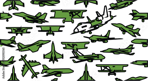The image features a playful arrangement of multiple green cartoon airplanes set against a clean white background. The use of green gives the airplanes a vibrant and cheerful appearance, enhancing 