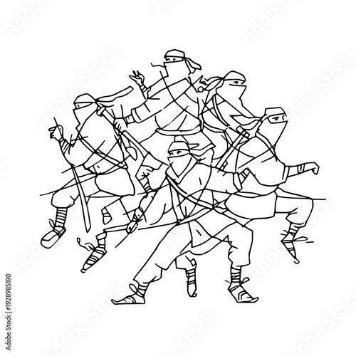 Multiple ninja warriors in dynamic poses showcasing martial arts skills and stealthy movements in a black line art illustration