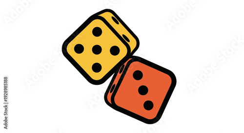 Two dice, one yellow and one red, are shown from an overhead viewpoint on a simple white background