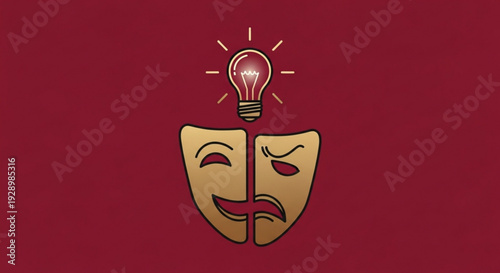 Theatrical comedy and tragedy masks with a lightbulb on a red background symbolizing ideas and emotions in drama and performance