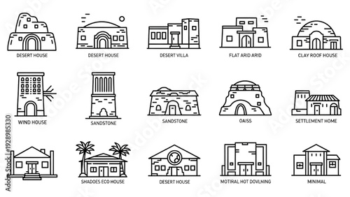 Collection of architectural building illustrations showcasing various structures and designs