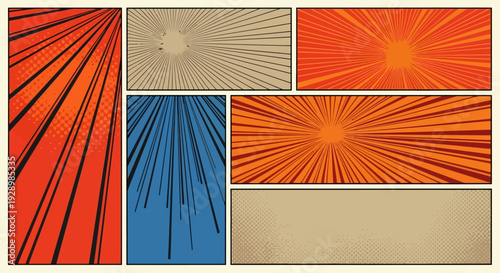 A vibrant abstract composition featuring radial patterns and geometric shapes in various colors and textures