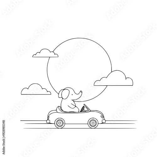 Smiling elephant driving convertible car under sunny sky with clouds