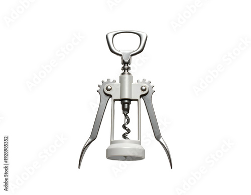 Silver and white metal corkscrew against a black backdrop