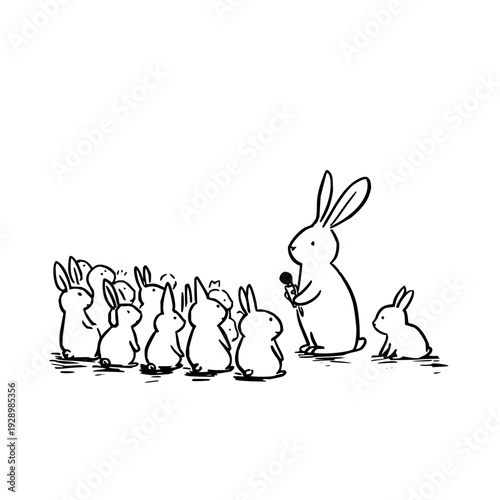 A large rabbit addresses a group of smaller rabbits with a microphone in a simple line drawing