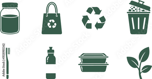 Collection of ecofriendly icons representing sustainable living and zero waste lifestyle choices
