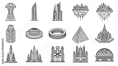 Collection of Architectural Buildings and Structures Illustrated in Various Styles