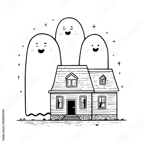 Friendly ghosts hovering above a cozy house with a spooky yet welcoming atmosphere on a white background