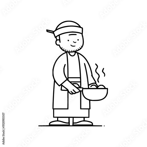 Man in traditional clothing holding steaming bowl of food with spoon