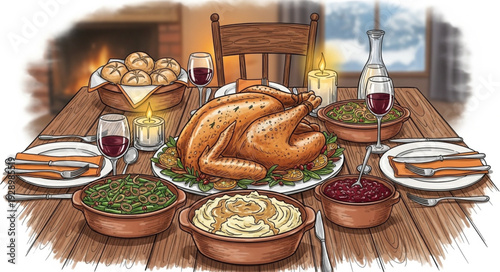 Delicious Thanksgiving Dinner Feast with Roasted Turkey and Sides.