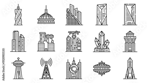 Collection of various urban architecture illustrations showcasing modern cityscape buildings and structures from different viewpoints and angles