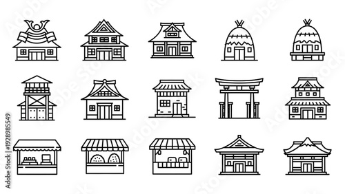 Collection of traditional Asian-style buildings illustrations in various architectural designs