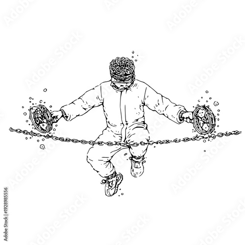Man balancing on tightrope with weights blindfolded in black and white illustration symbolizing focus and equilibrium