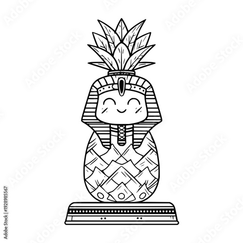 Egyptian inspired pineapple idol or totem with geometric patterns on wooden base symbolizing cultural fusion and tropical spirituality in black and white line art