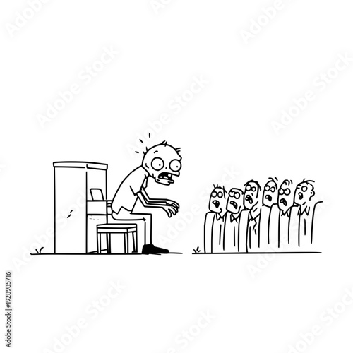 Stressed man sitting at desk with shocked audience in the foreground black and white cartoon illustration office setting worried expression