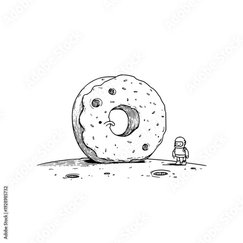 Astronaut standing beside a giant donut on a desolate cratered surface in a black and white illustration