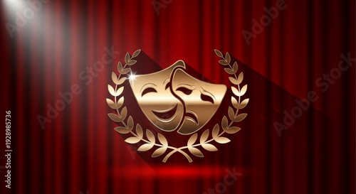 Theatrical comedy and tragedy masks with laurel wreath on red curtain background with spotlight